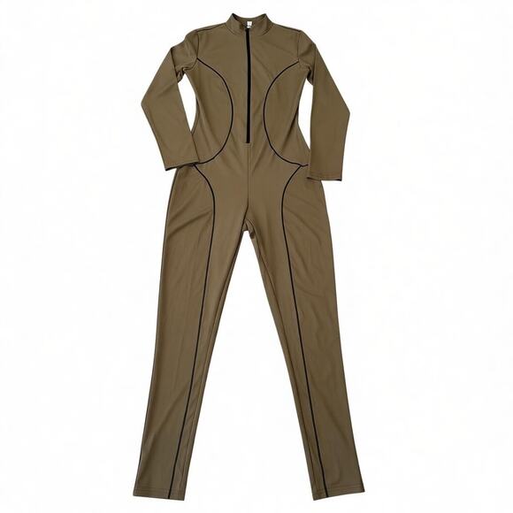 Unbranded Pants - Women Brown Long Sleeve Mock Neck Bodycon Zipper Front Jumpsuit Size M - NWOT